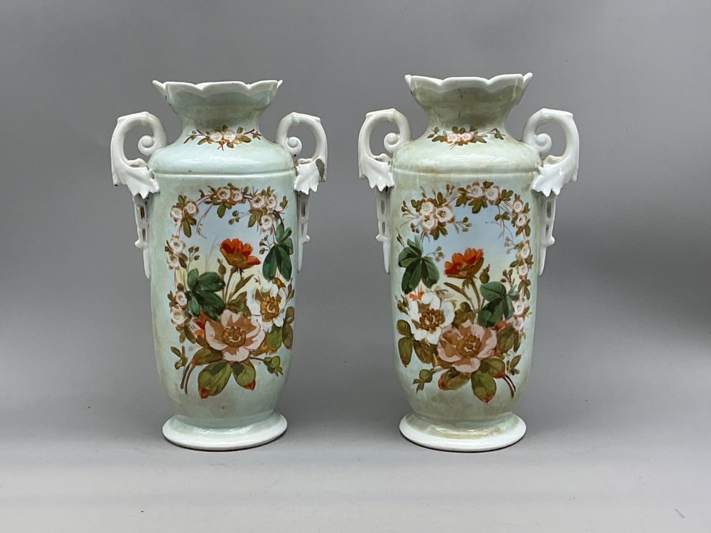 Floral Painted Porcelain Twin-Handled Vases