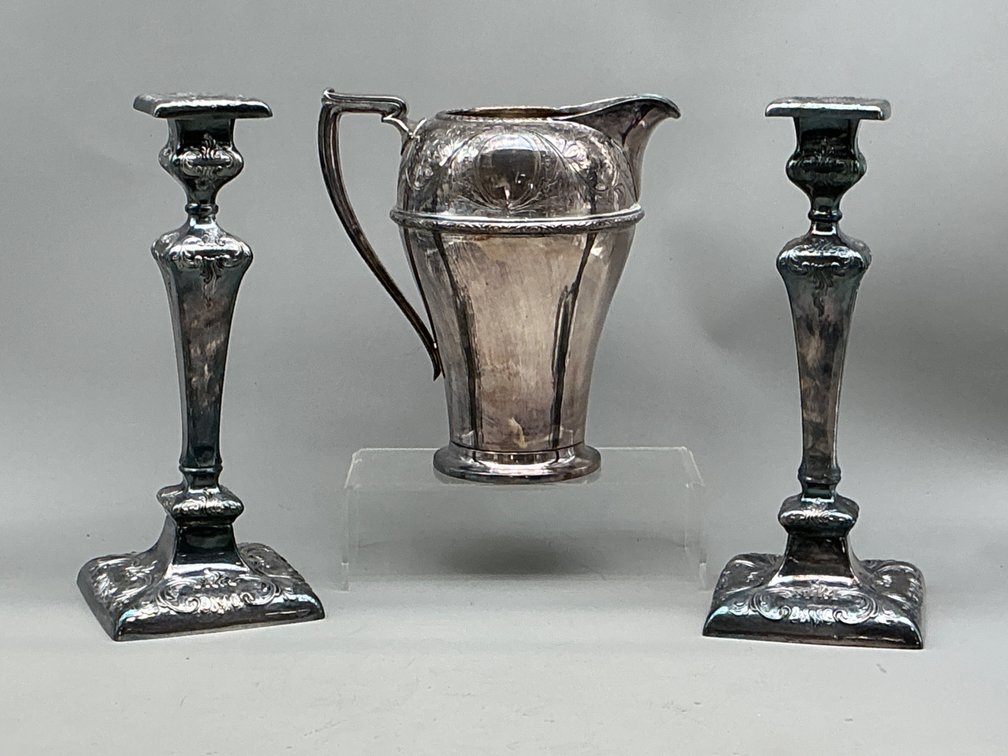 WM Rogers Rosalie Pitcher & Knickerbocker Candle Stands