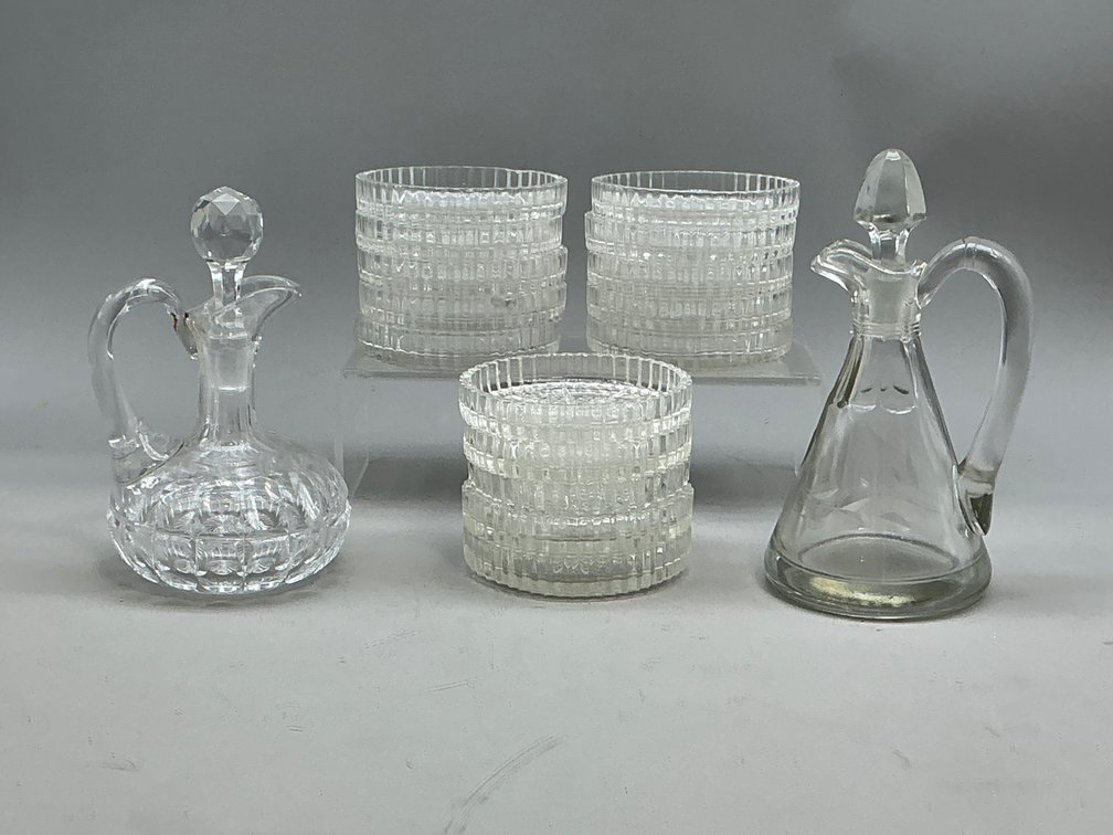 Assorted Clear Glass Cruets, Bowls and Pressed Coasters