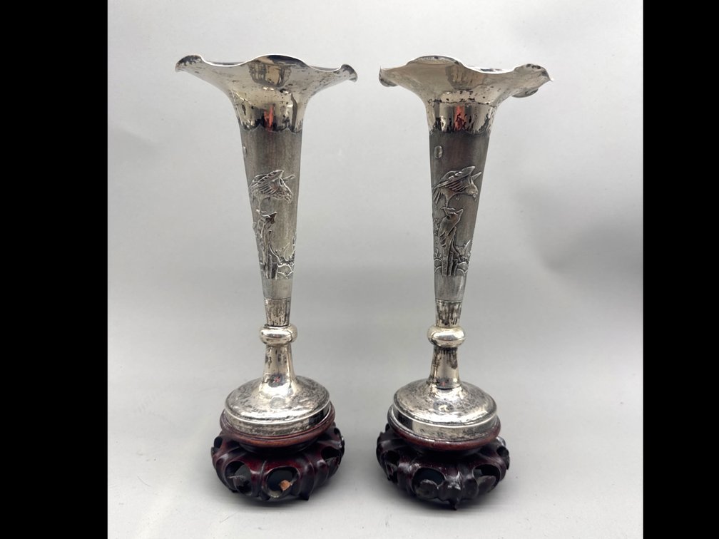 Chinese Export Silver Repoussé Trumpet Vases