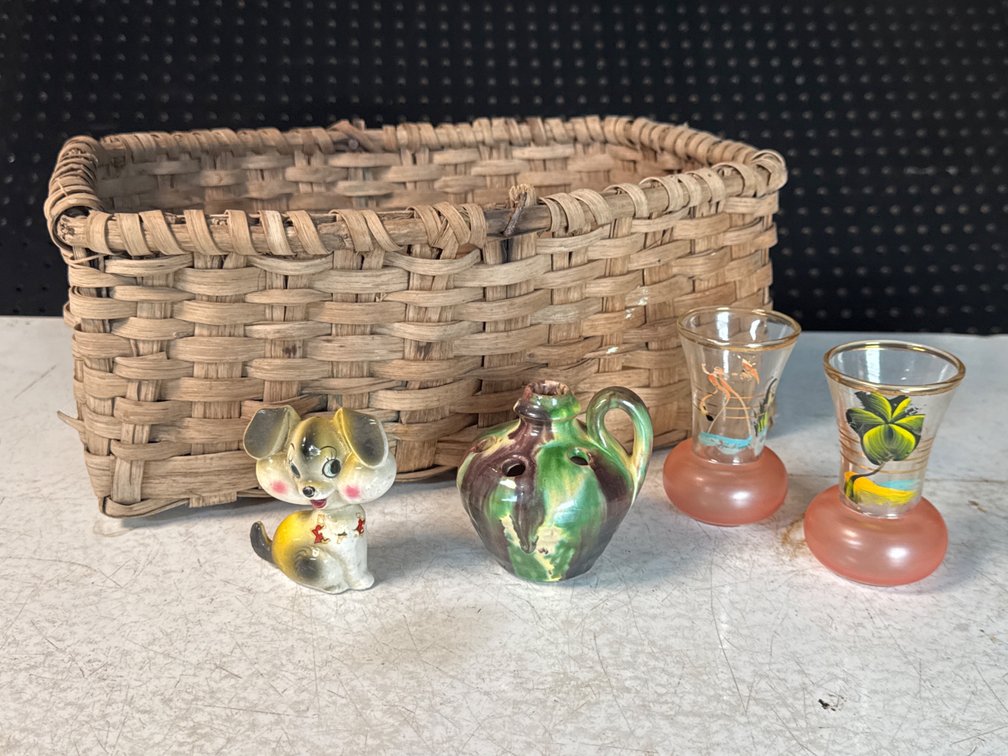 Woven Basket with Miniature Ceramics and Glassware