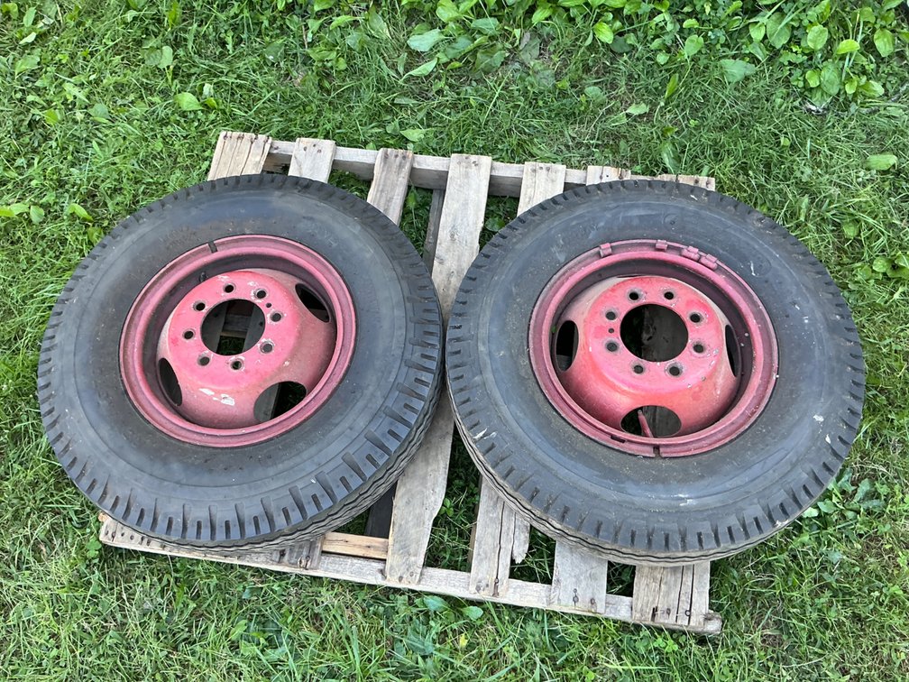 Pair of 7.50-16 Tires on 6-Lug Red Steel Split-Ring Rims