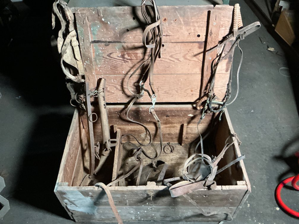 Wooden Storage Chest with Leather Horse Tack