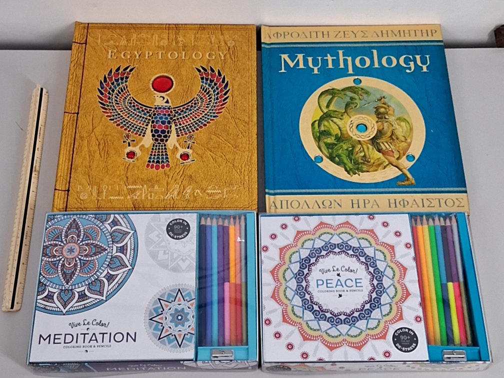 kids lot of 2 coloring sets, Egyptology book and