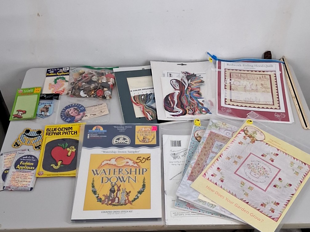 needle point supplies, buttons, patches,