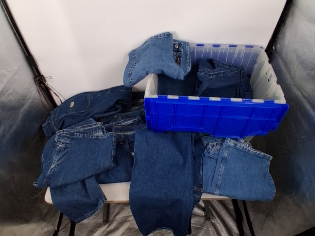 18 gal tote full of men's 38X30 straight leg jeans