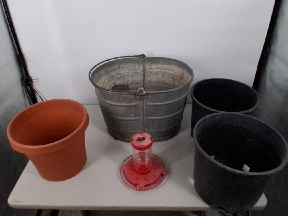 galvanized bucket, 2 nursery planters