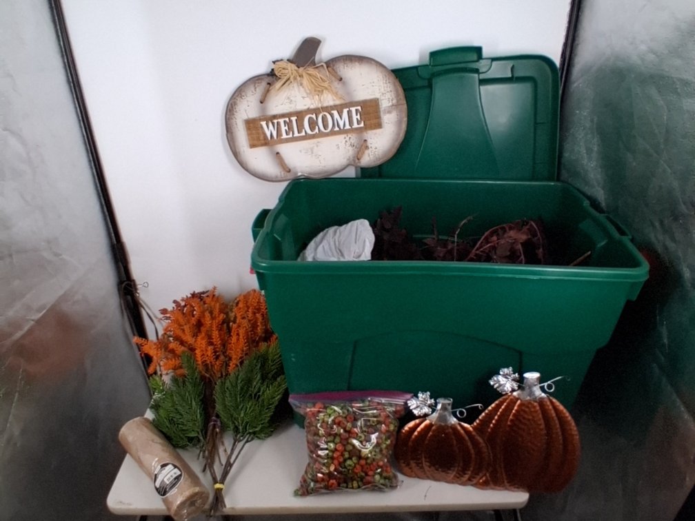 35 gal tote of fall decor incl. wooden Welcome