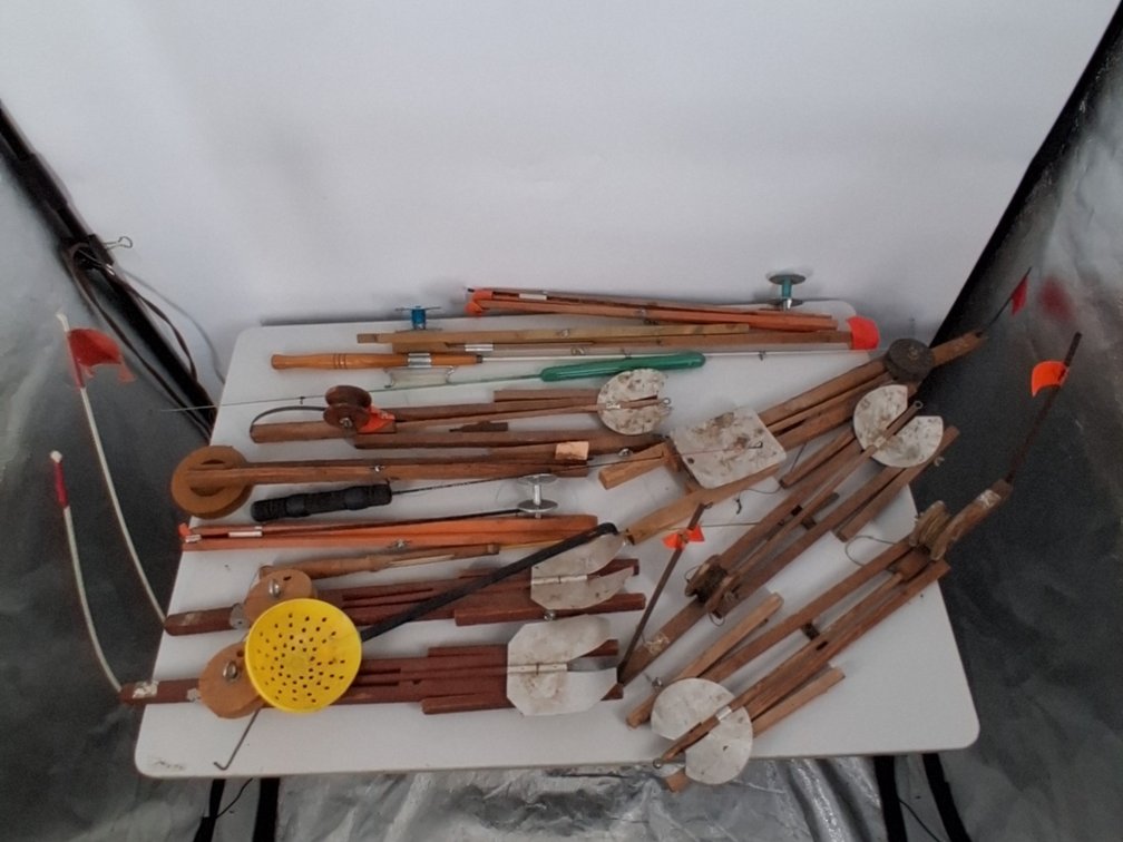 vintage ice fishing items incl. 3 jig poles