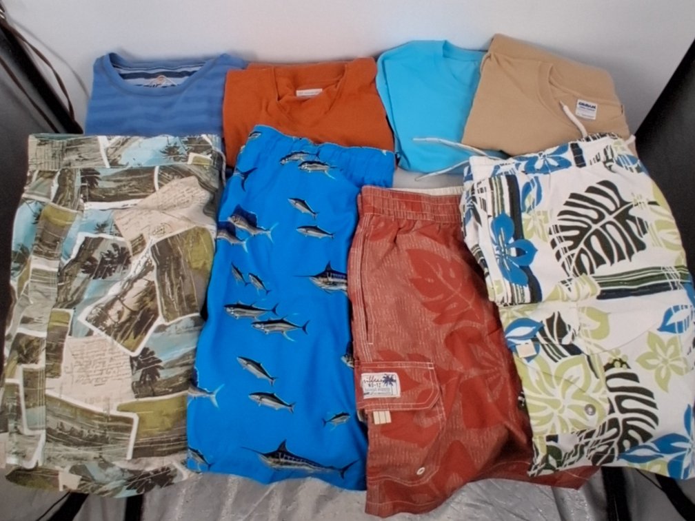 lot of men's swim shorts and t-shirts