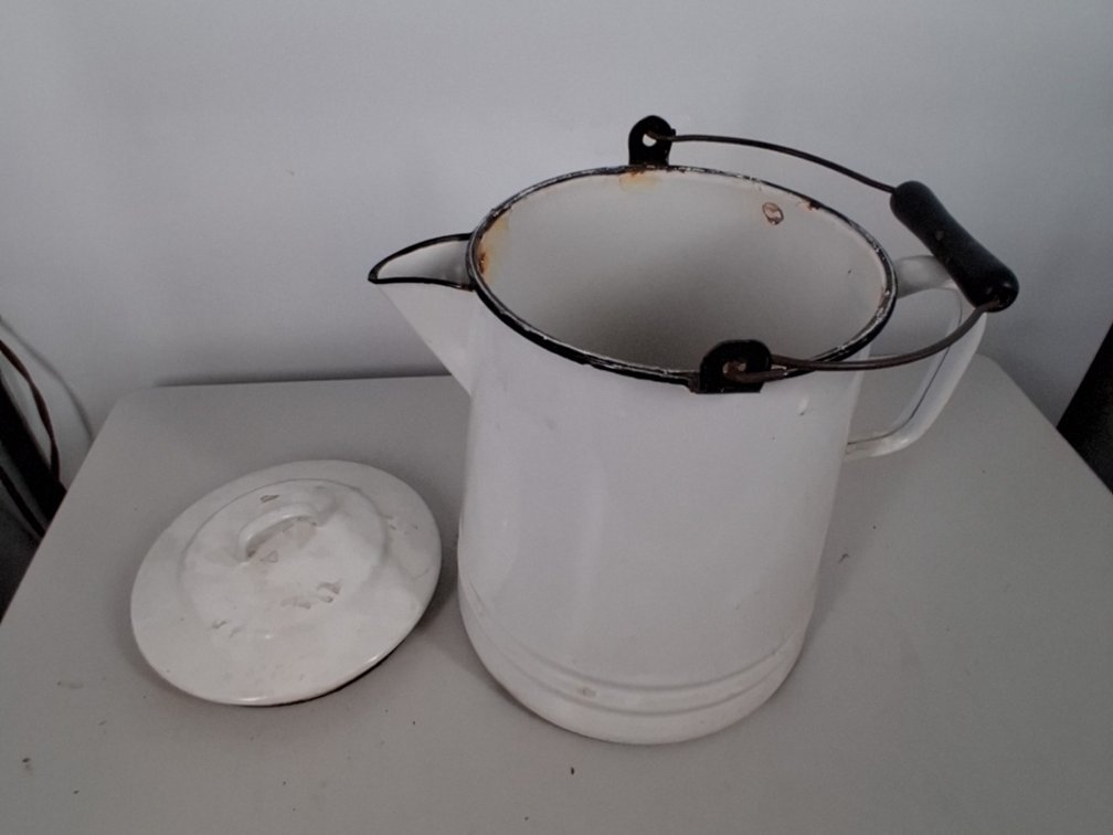 large vintage enamelware cowboy coffee pot