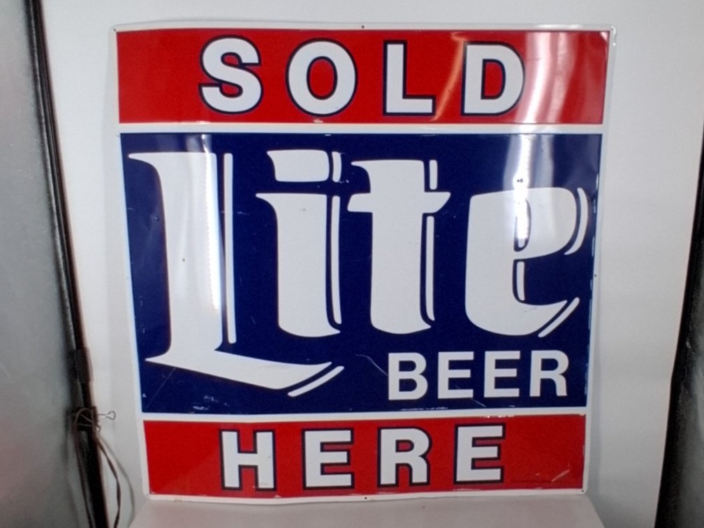 Miller Lite Sold Here tin sign, 35.5"X35.5"