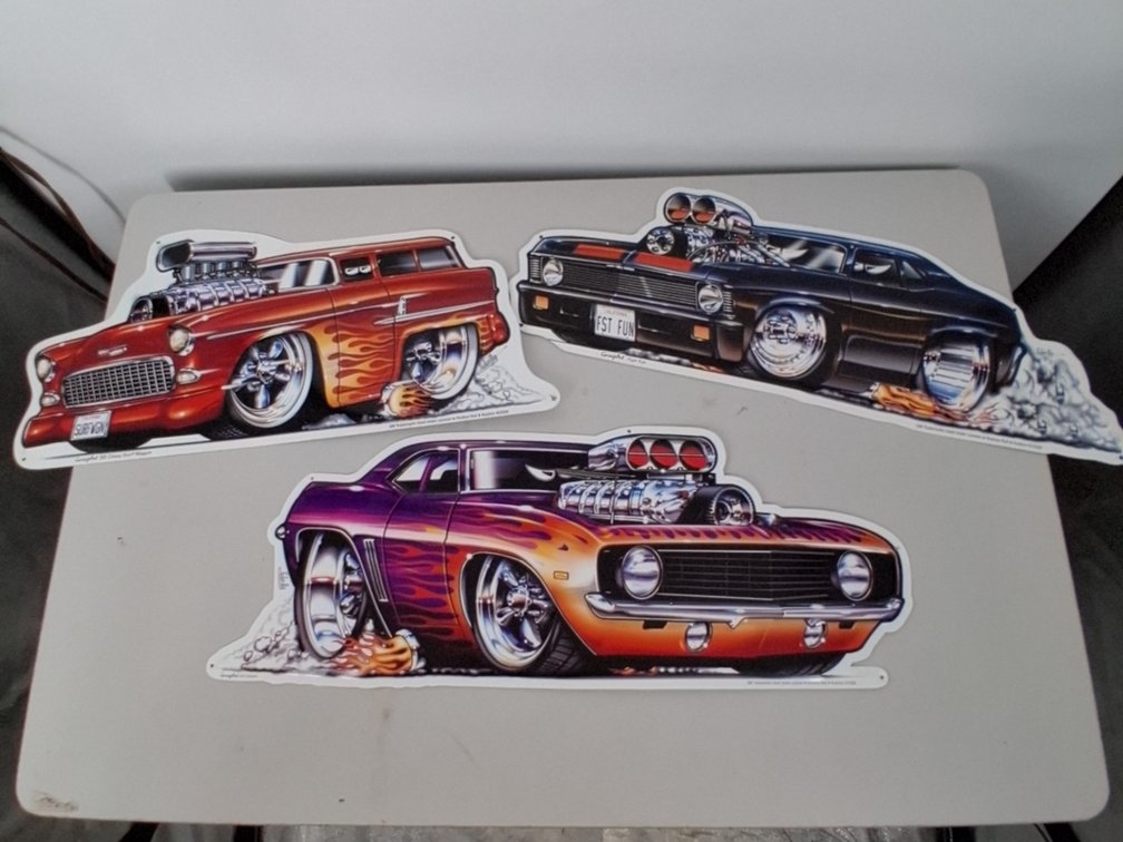 3 car tin signs