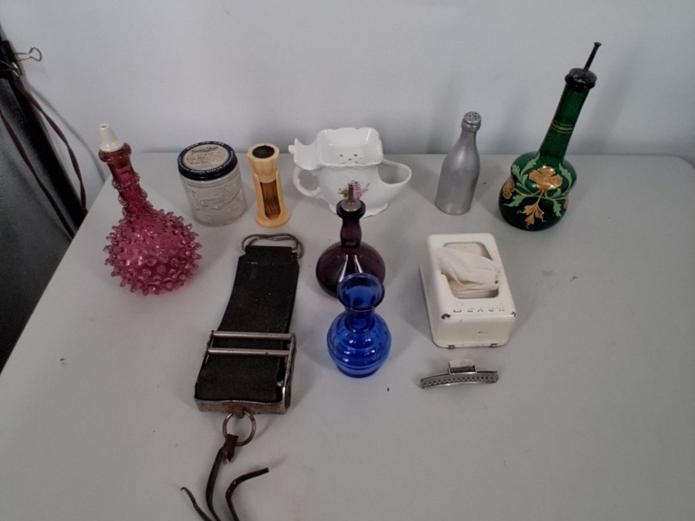 lot of vintage bottles, porcelain shaving