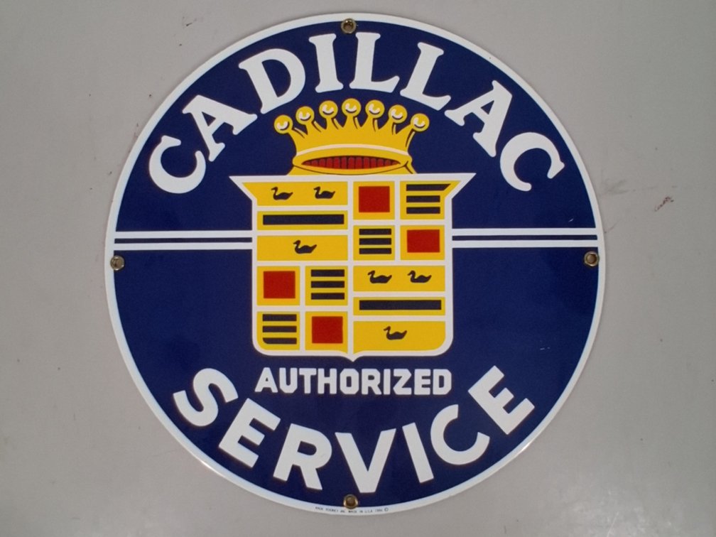 circle Cadillac Service tin sign, 11" diameter