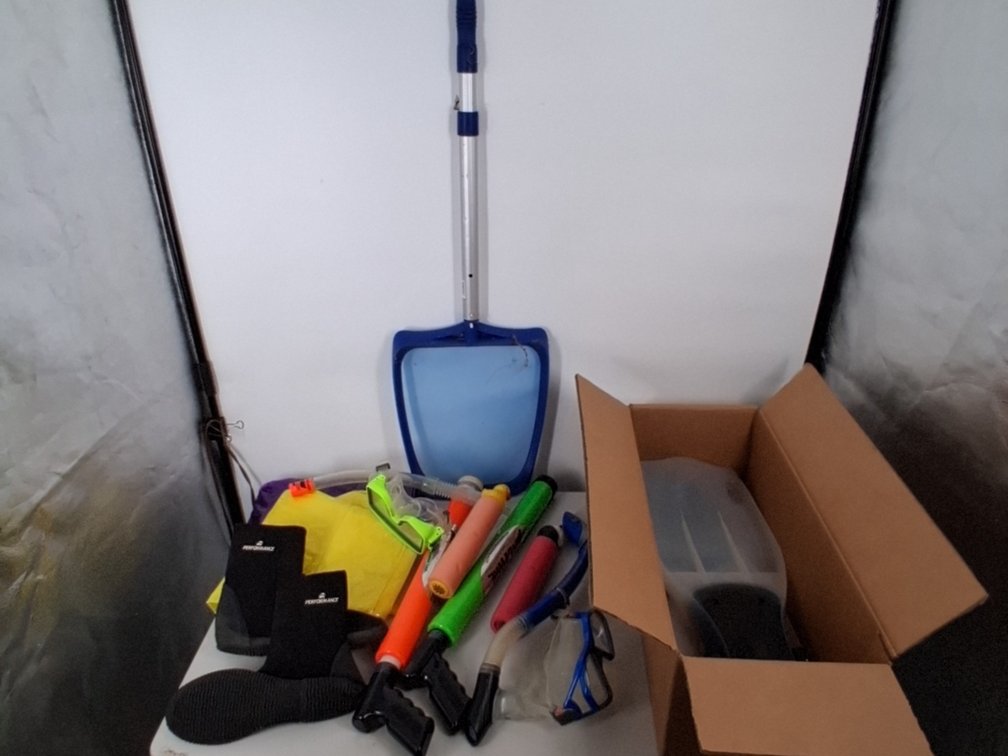 lot of snorkels, flippers, Aqua shoes size M