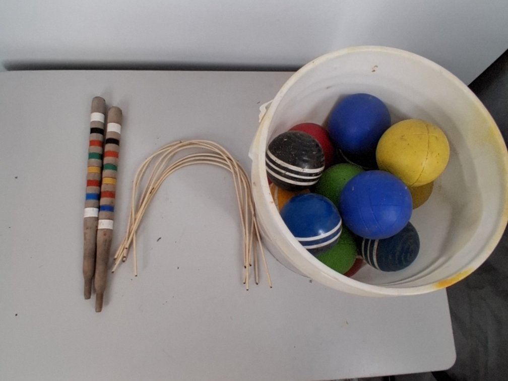 3 gal bucket of croquet balls and stakes &