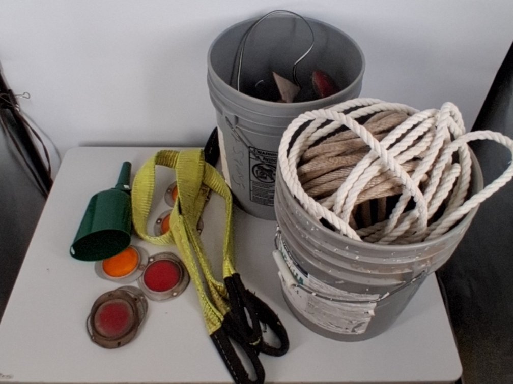 (2) 5 gallon buckets of rope, trailer