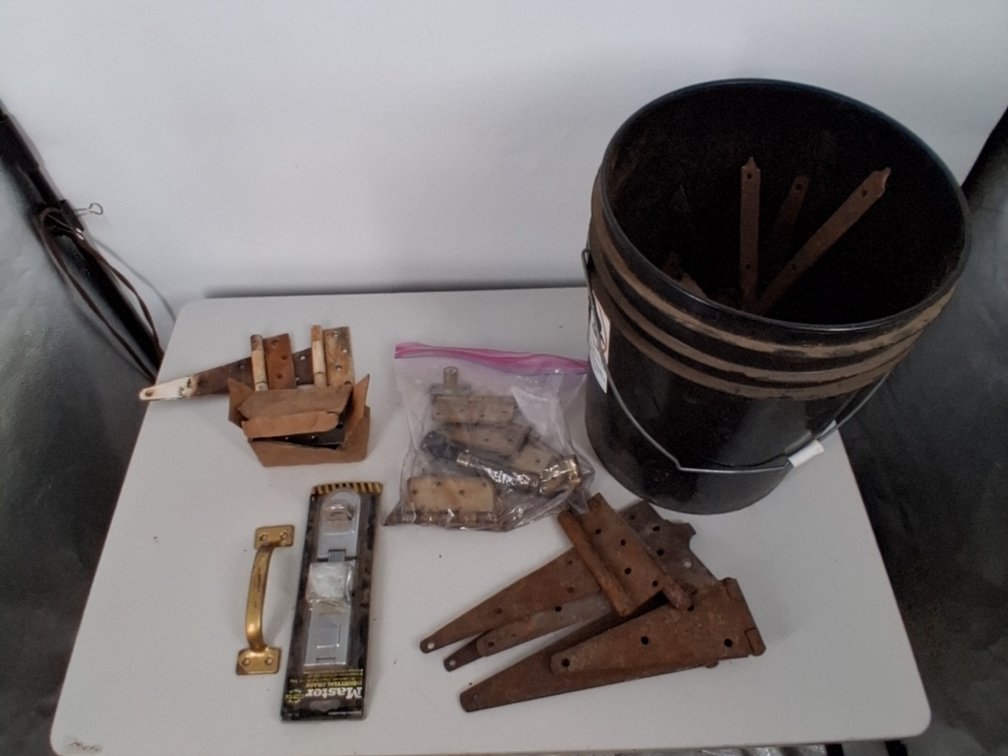 5 gallon bucket of large hinges and handles