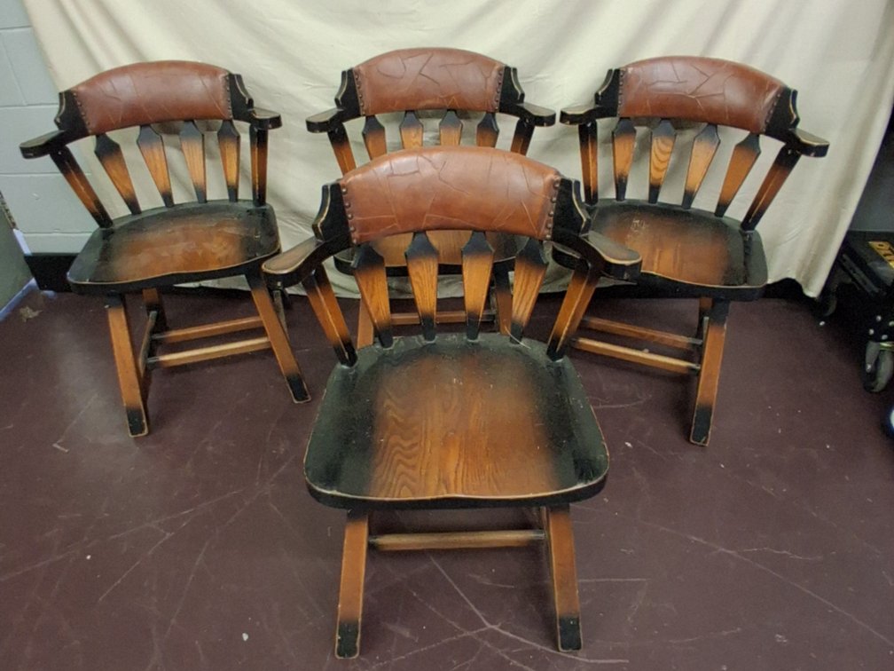4 Buckstaff wooden arm chairs w/ leather backs