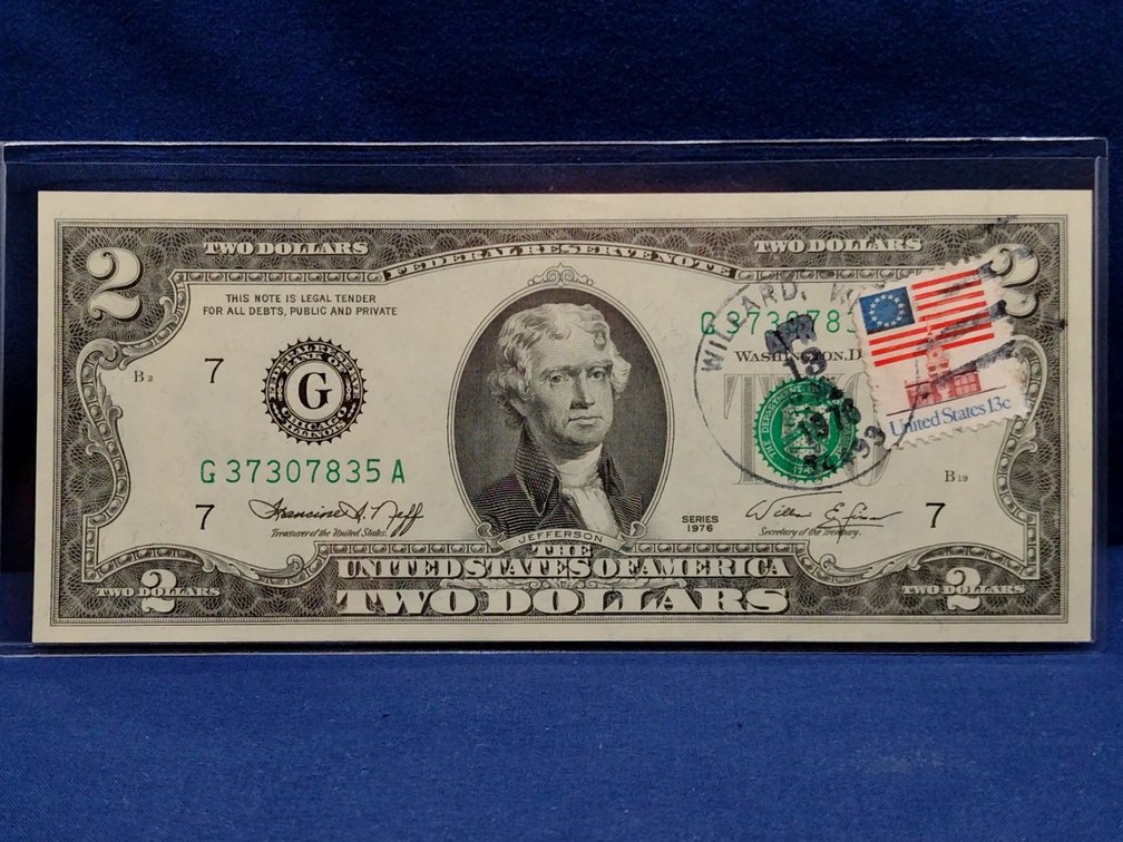 1976 $2 FRN-Chicago Note with Stamp