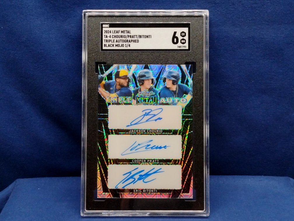 2024 Leaf Metal #TA4 Jackson Chourio, Cooper Pratt, Eric Bitonti triple auto 1/4 - SGC 6