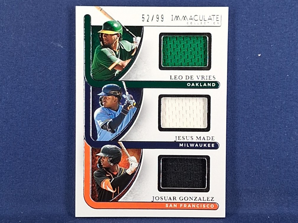 2026 Panini Immaculate Collection #TRI-LJJ Leo De Vries & Jesus Made & Josuar Gonzalez triple relic 52/99