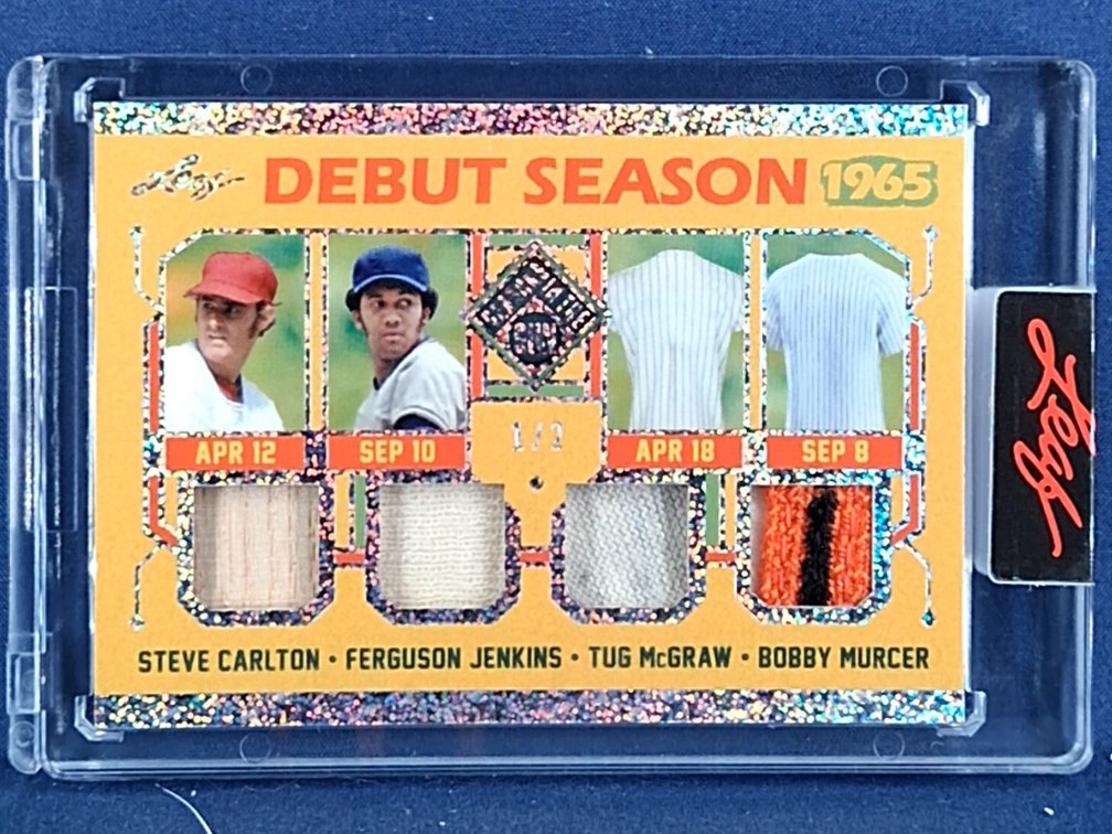 2026 Leaf Seasons in the Sun #DS-10 Steve Carlton / Ferguson Jenkins / Tug McGraw / Bobby Murcer quad relic 1/2