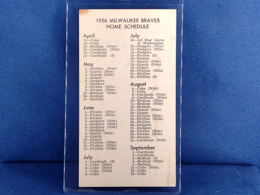RARE 1956 Milwaukee Braves Home Schedule - Sponsored by a Politician - Hank Aaron Spahn Mathews
