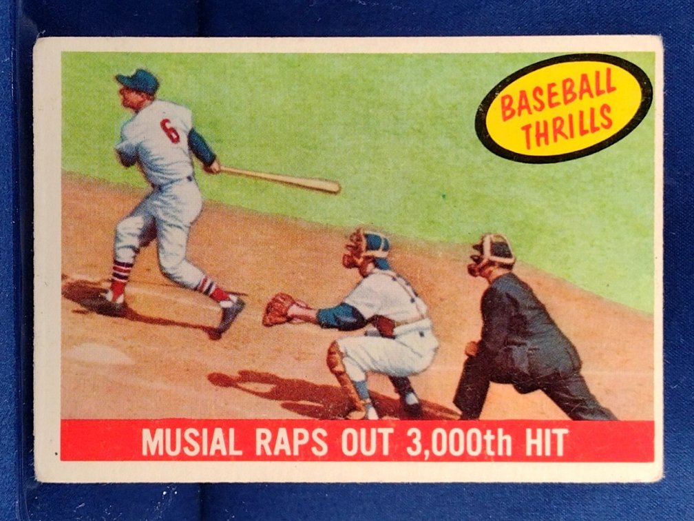 1959 Topps #470 Stan Musial Raps out 3000th hit - Baseball Thrills - St. Louis Cardinals