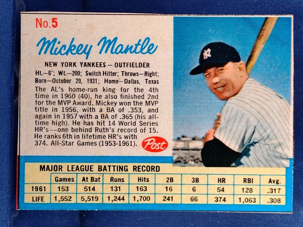 1962 Post Cereal #5 Mickey Mantle - New York Yankees