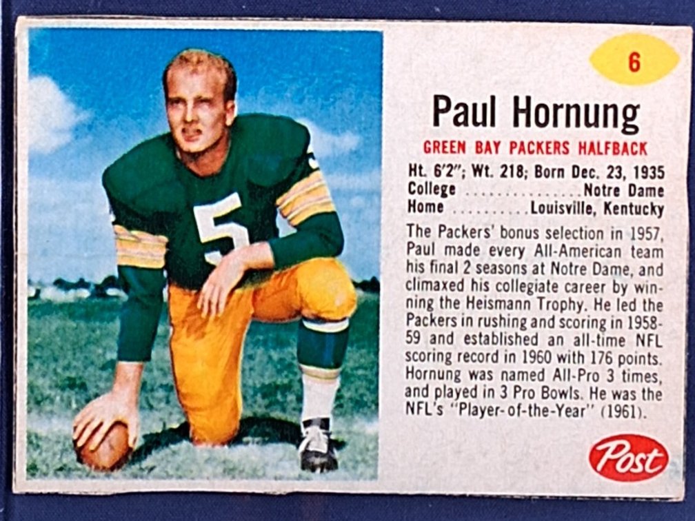 1962 Post Cereal #6 Paul Hornung - Green Bay Packers Notre Dame Fighting Irish