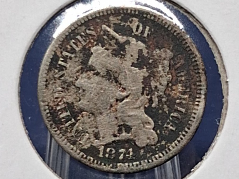 1874 Three Cetn Silver Piece Coin