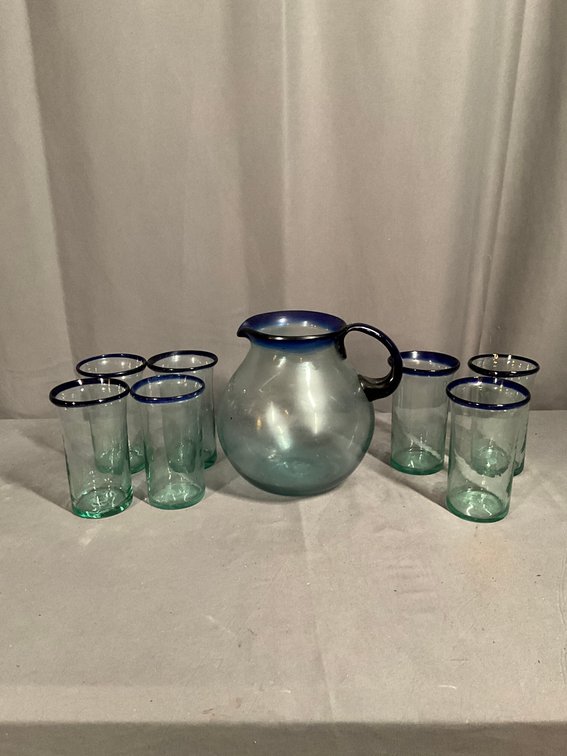 Blue Rim Tea Pitcher and Glasses