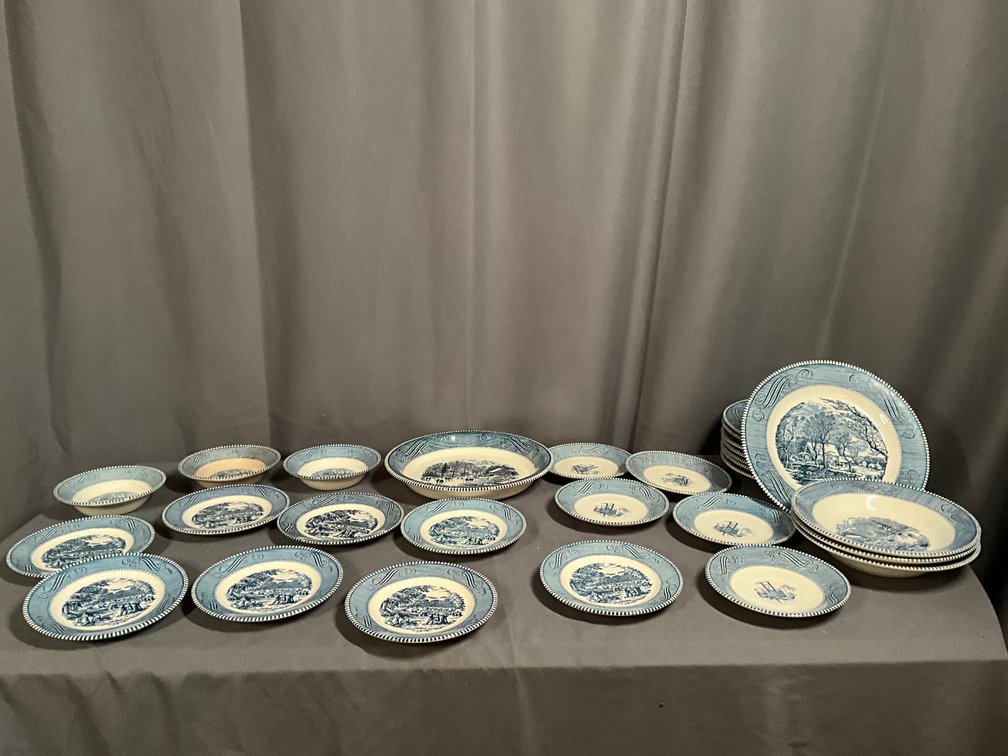 Currier Ives Plates ,Bowls And Saucers