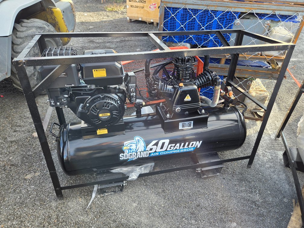 skid-mounted 60-gallon gas-powered air compressor