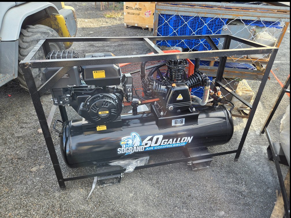 skid-mounted 60-gallon gas-powered air compressor