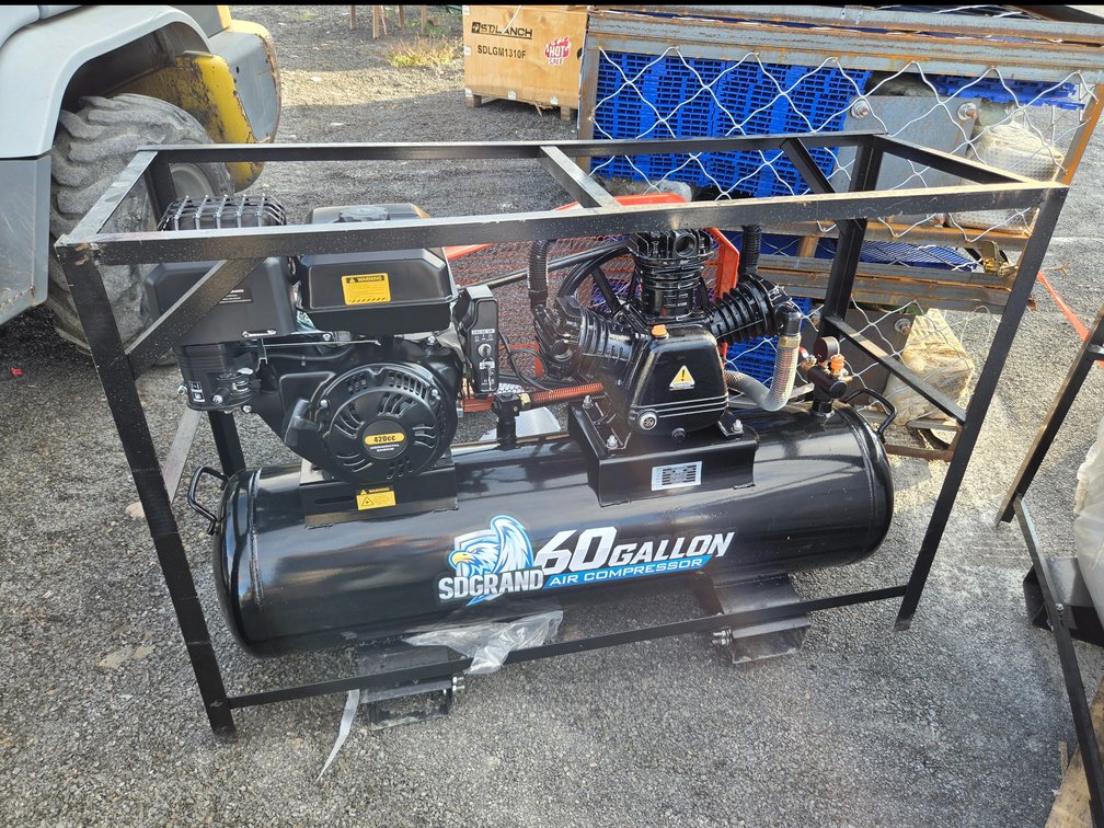 skid-mounted 60-gallon gas-powered air compressor