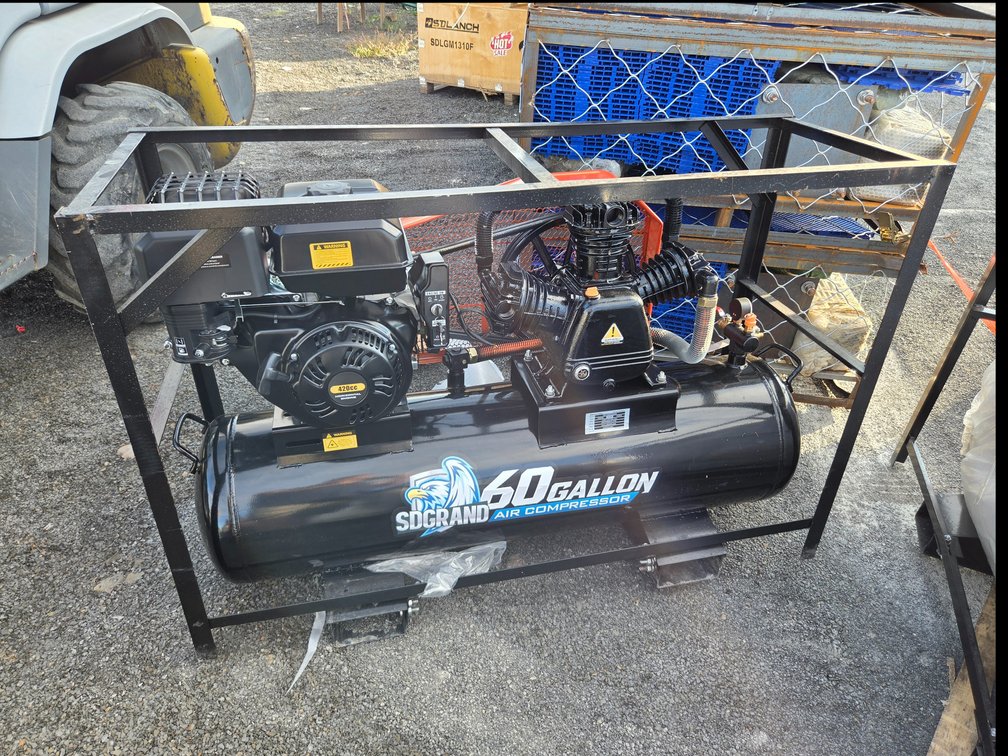 skid-mounted 60-gallon gas-powered air compressor