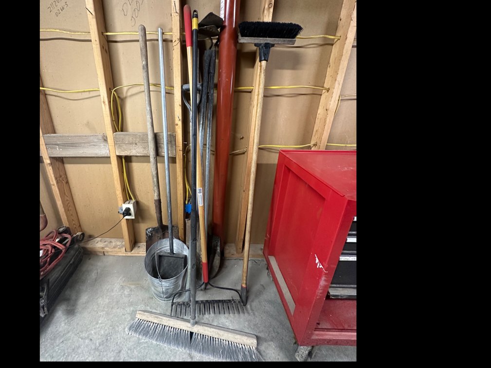 Floor broom, garden hoe, rake, shovels and more.