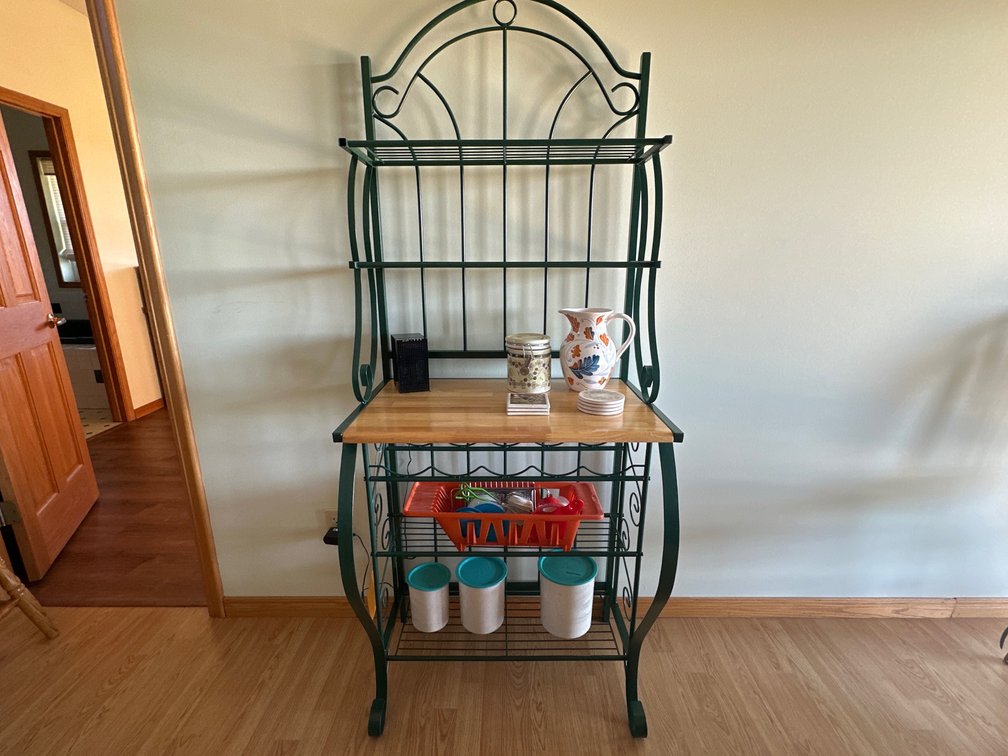 Bakers rack - green iron with wood center shelf