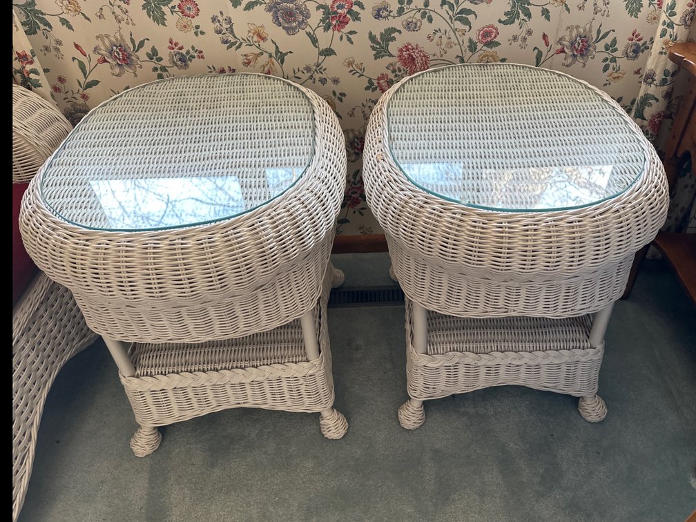 Two (2) Wicker Side Tables with glass overlay tops