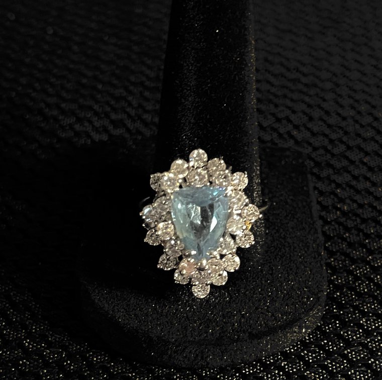 Ladies Diamond Ring - Blue Heart Shaped Aquamarine surrounded by diamonds