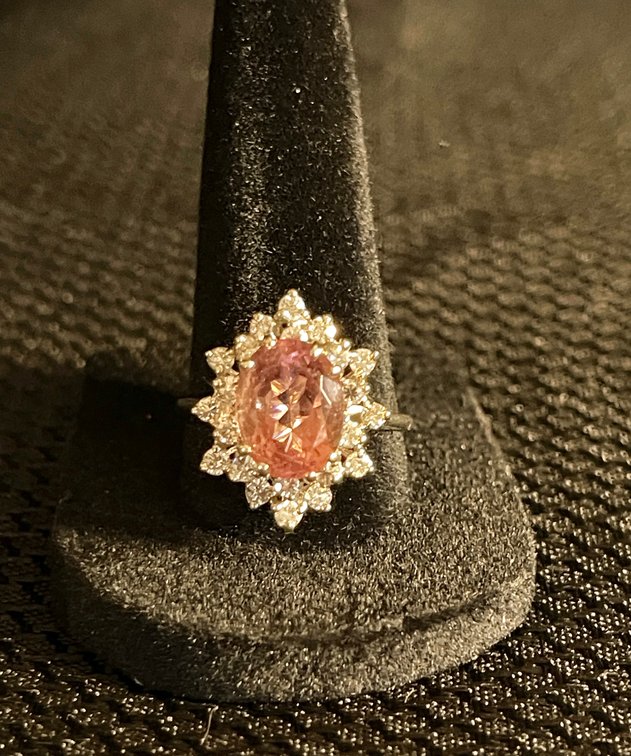 Ladies Diamond Ring - Pink Tourmaline surrounded by diamonds