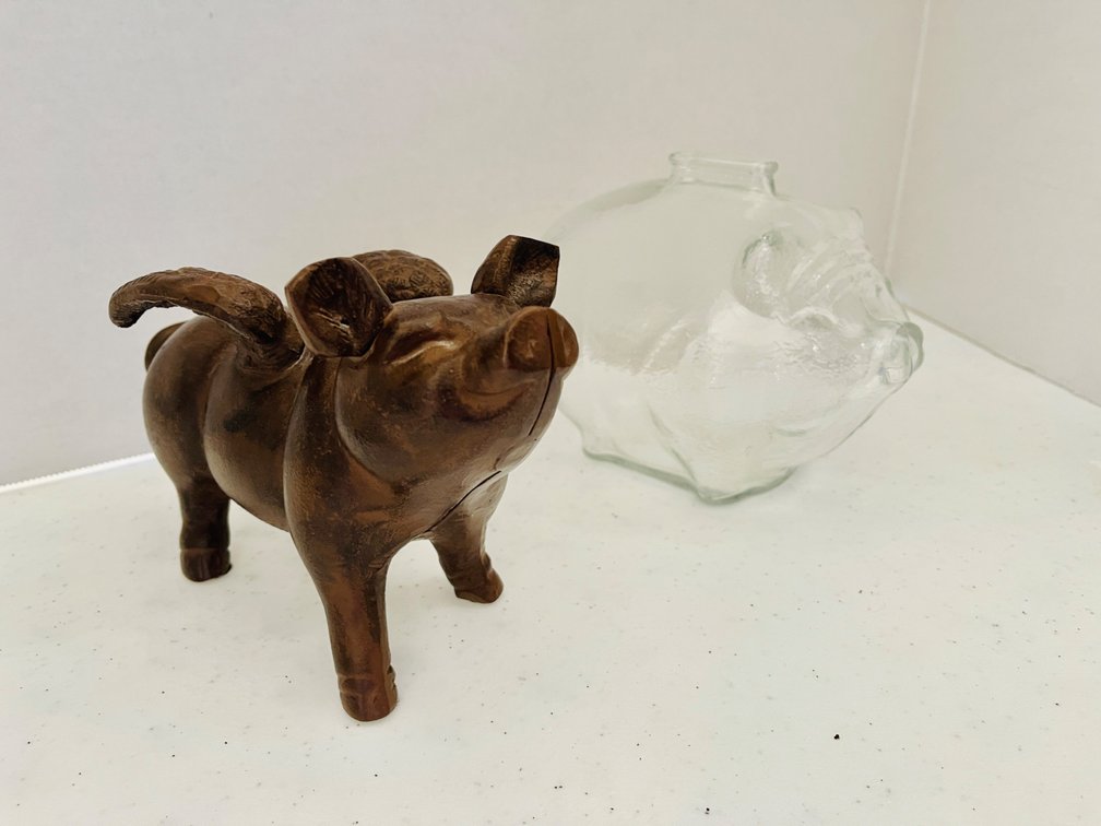 Cast Iron Bank "When Pigs Fly" and Glass Piggy Bank