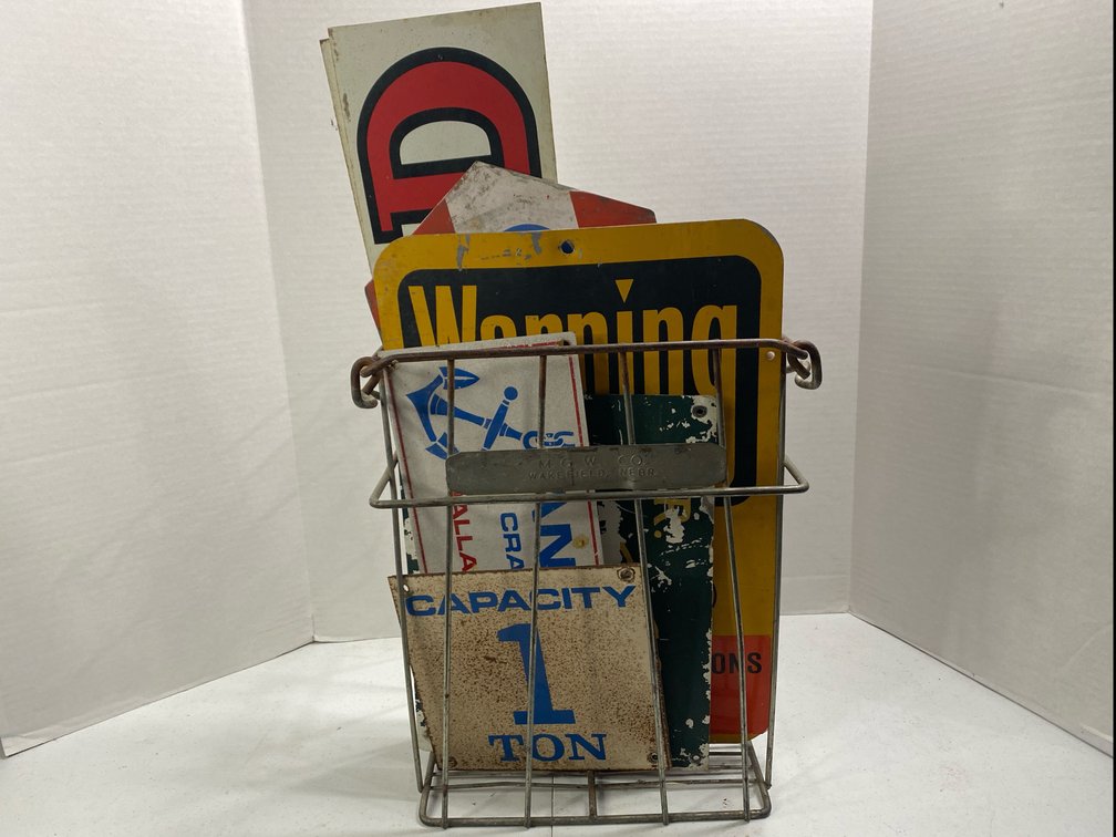 Metal Crate and Various Metal Signs 