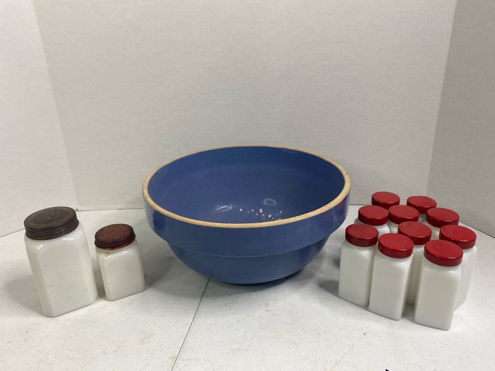 Blue Crock Bowl and white Milk glass pcs 