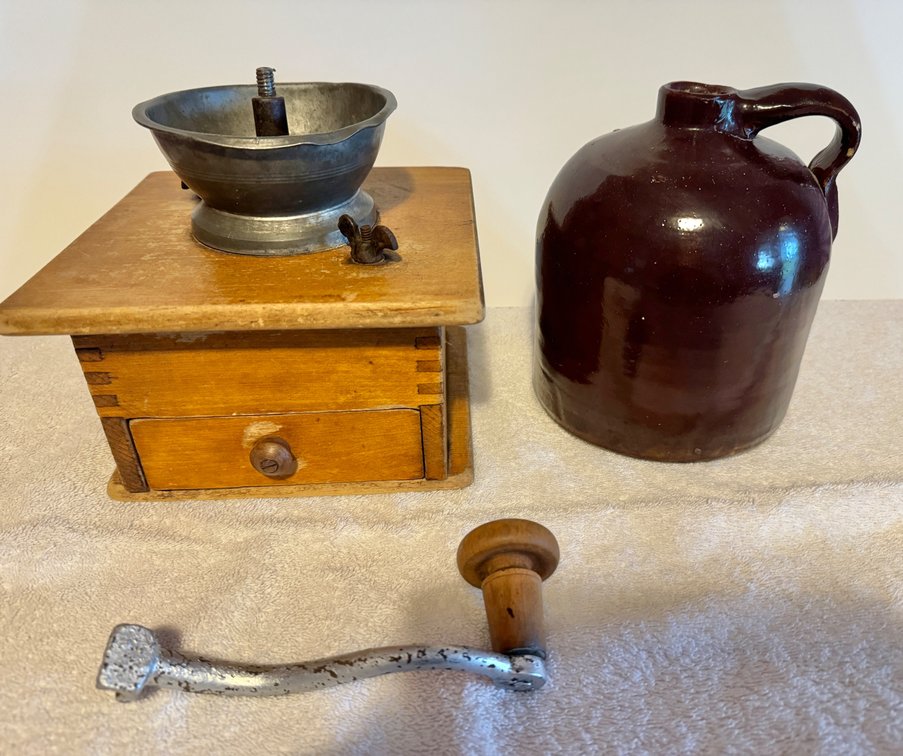 Coffee Grinder And Brown Crock Jug