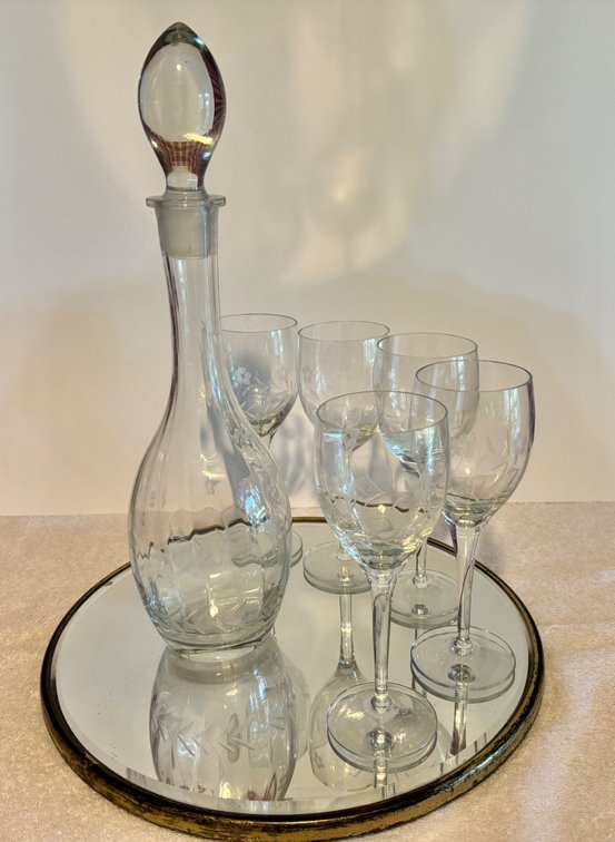 Floral Etched Decanter Set
