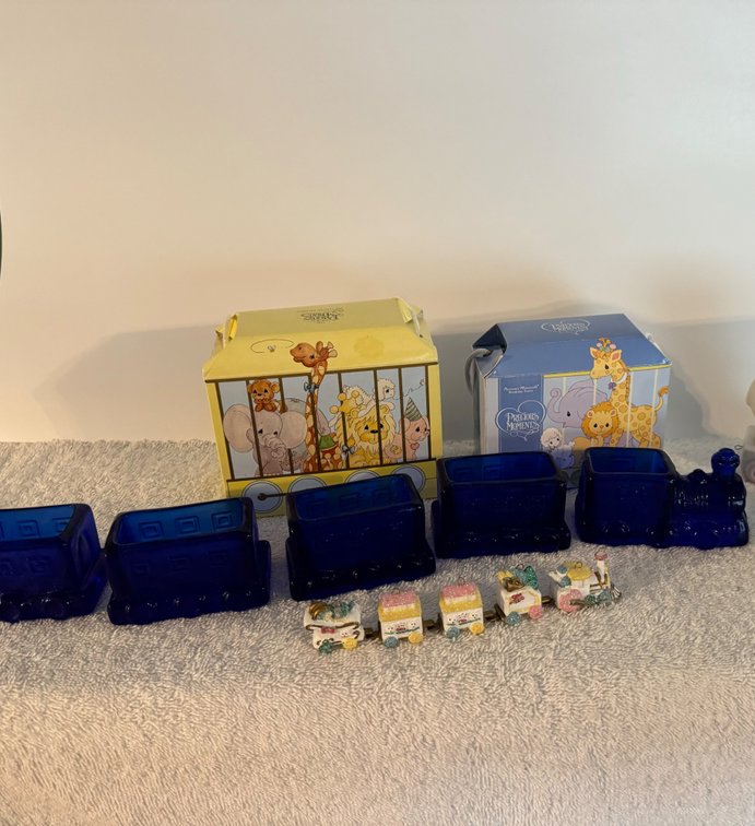 Precious Moments, Blue Glass Train Set and other Misc Train Pieces